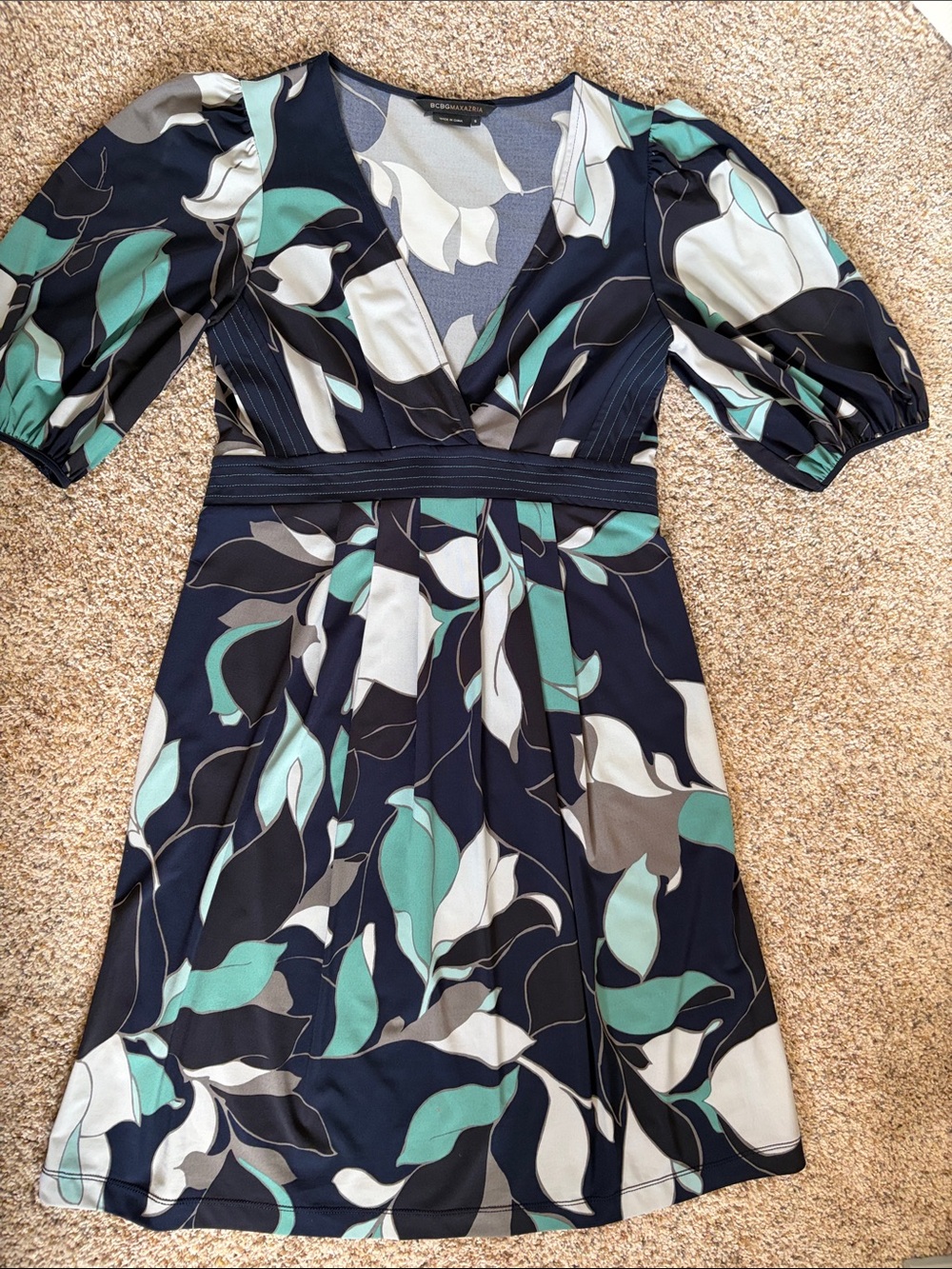 BCBGMaxAzria Navy Floral Dress with Teal and Cream Leaves